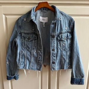 Pistola Blue Denim Jacket Distressed w/ Silver/White Star Pattern Size S